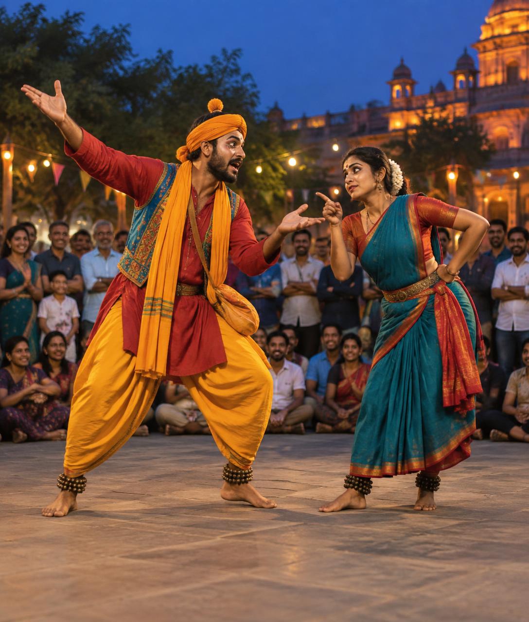 Street theatre performers engaging an outdoor audience