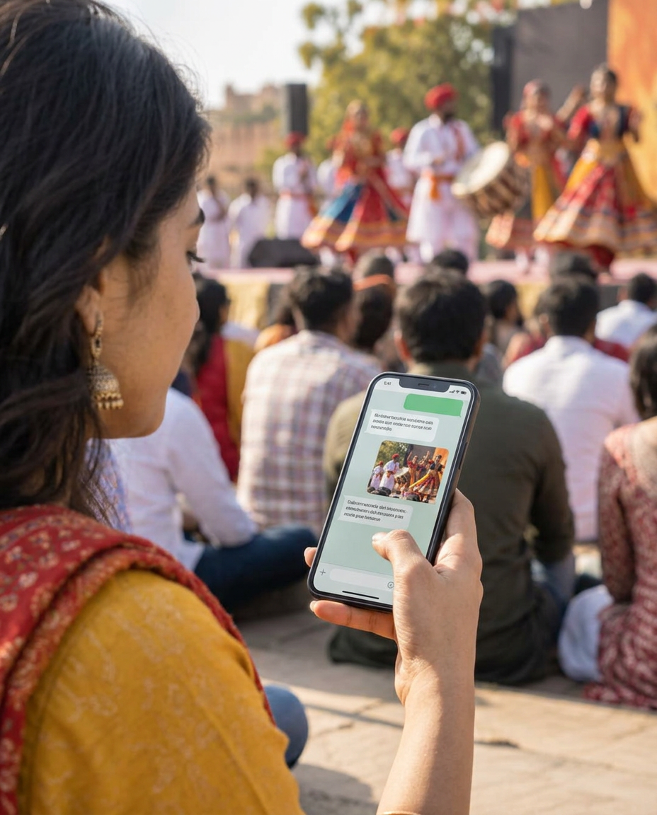 Illustrative scene of an attendee viewing a message on her phone after a folk performance